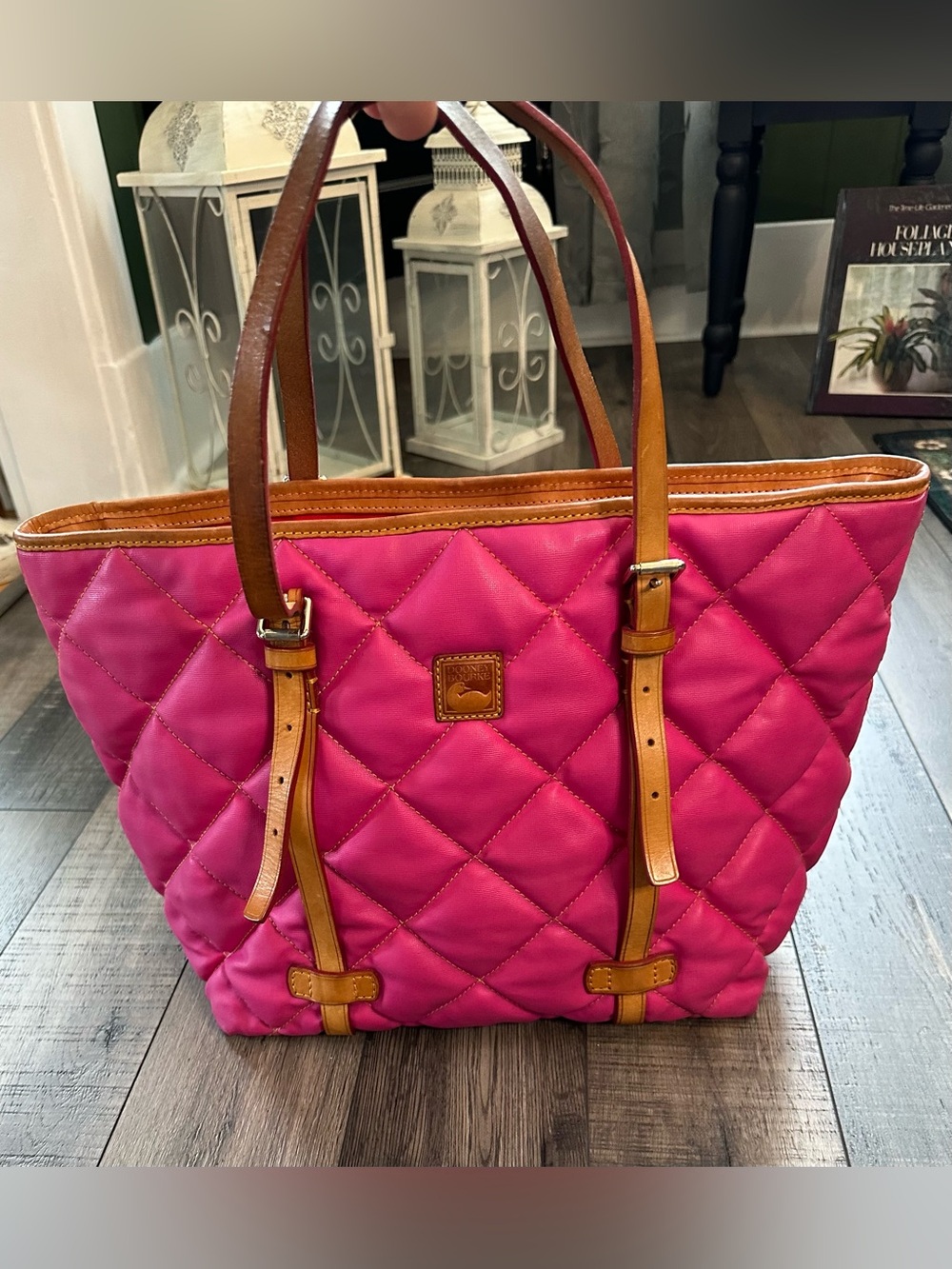 Dooney & Bourke Quilted Nylon Tote Bag Bright Pink With Tan Leather Trim